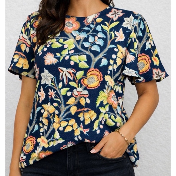 Peter Pilotto Tops - PETER PILOTTO • Blue Floral Print Short Sleeve Blouse, 4